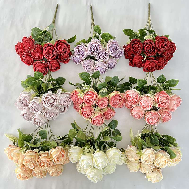 Artificial Meichen 9-Head Round Curled Rose